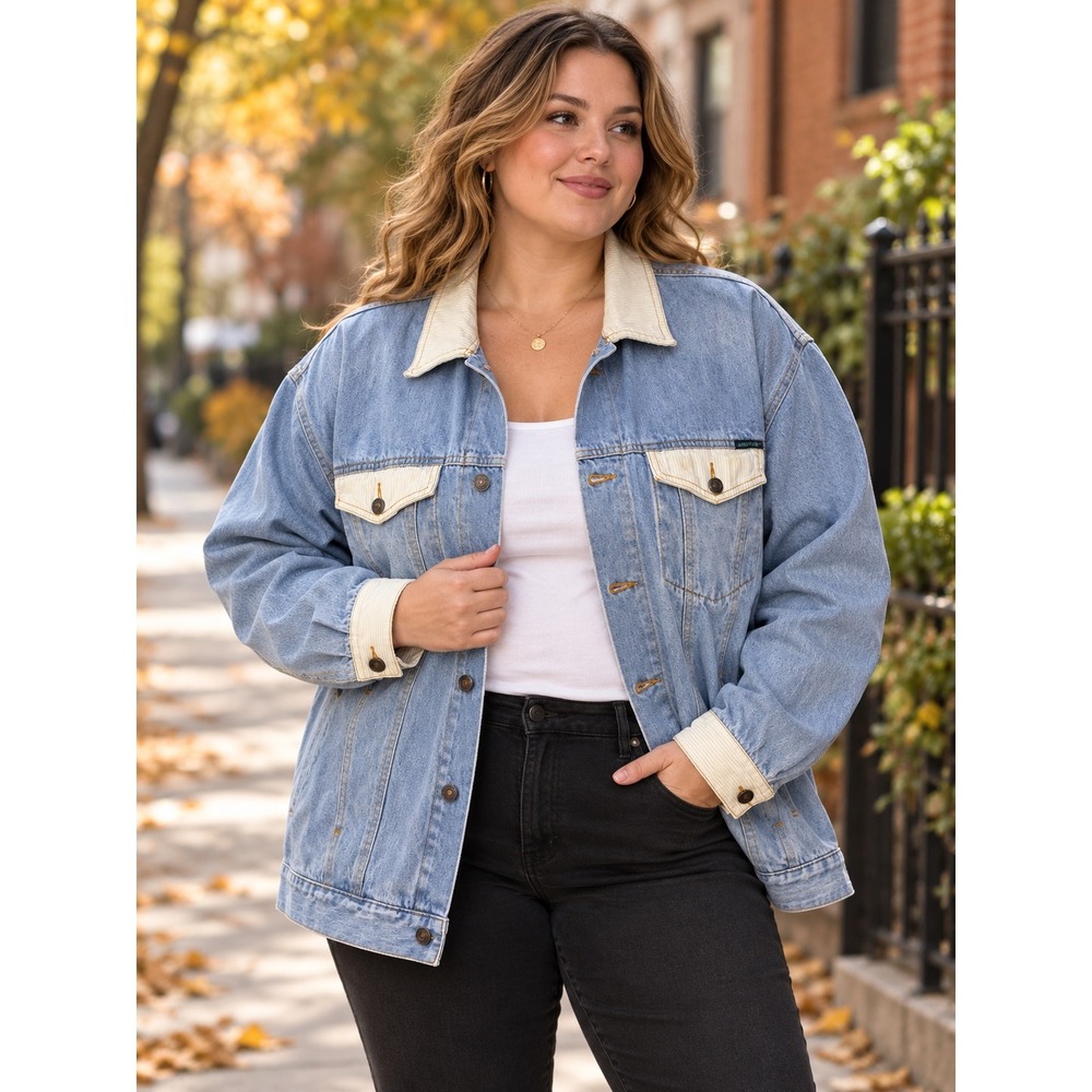 Vintage Jordache Denim Jacket Light Wash Corduroy Trim Oversized 1X 90s Trucker